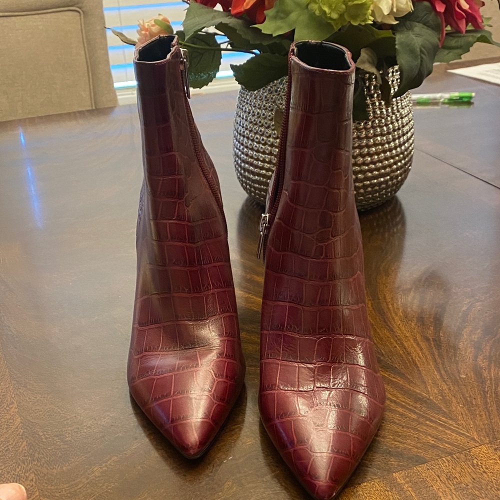 Marc Fisher Dark Red Croc-Embossed Ankle Booties - Picture 2 of 5
